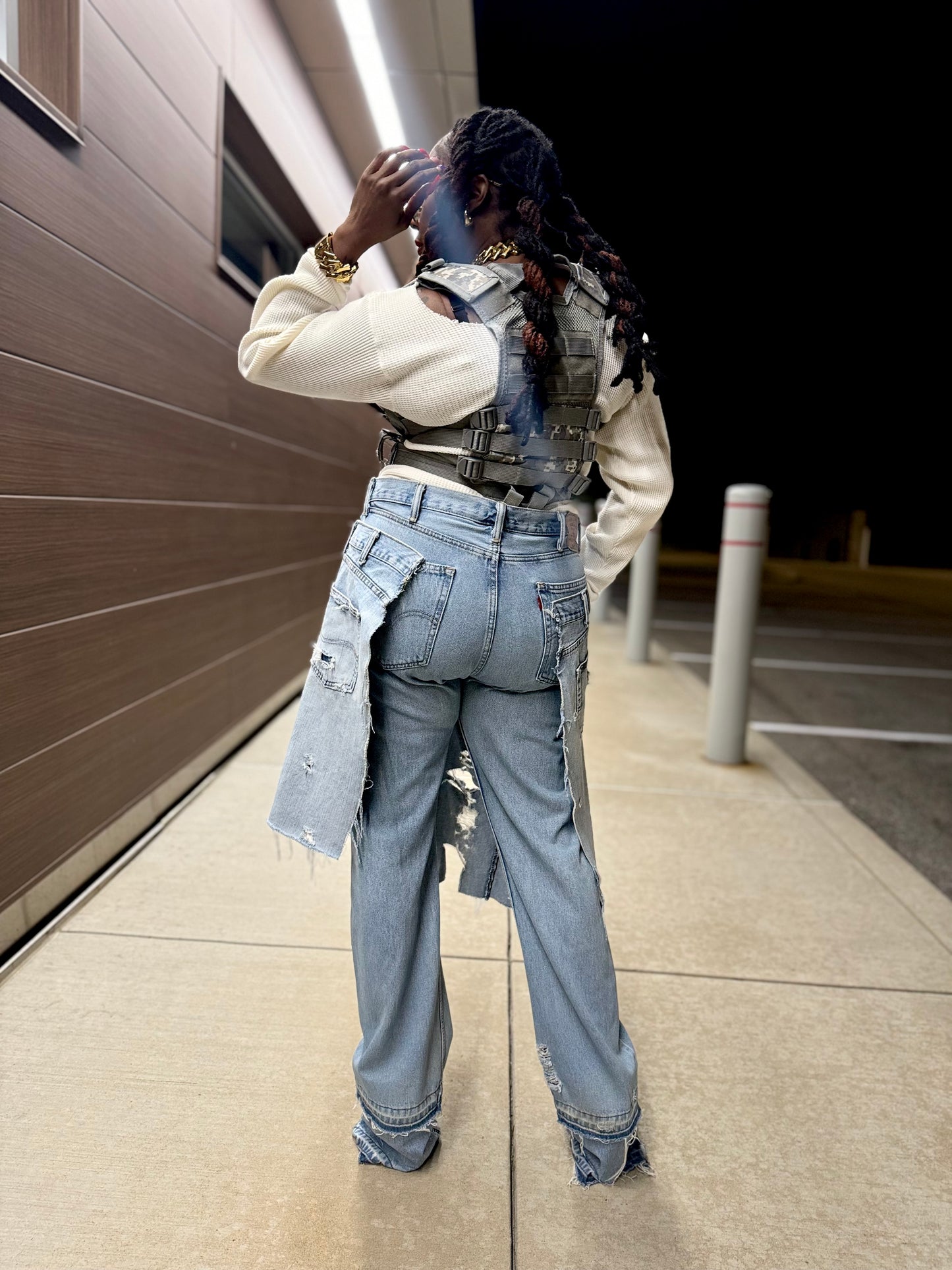 Distressed Overlay Denim Jeans