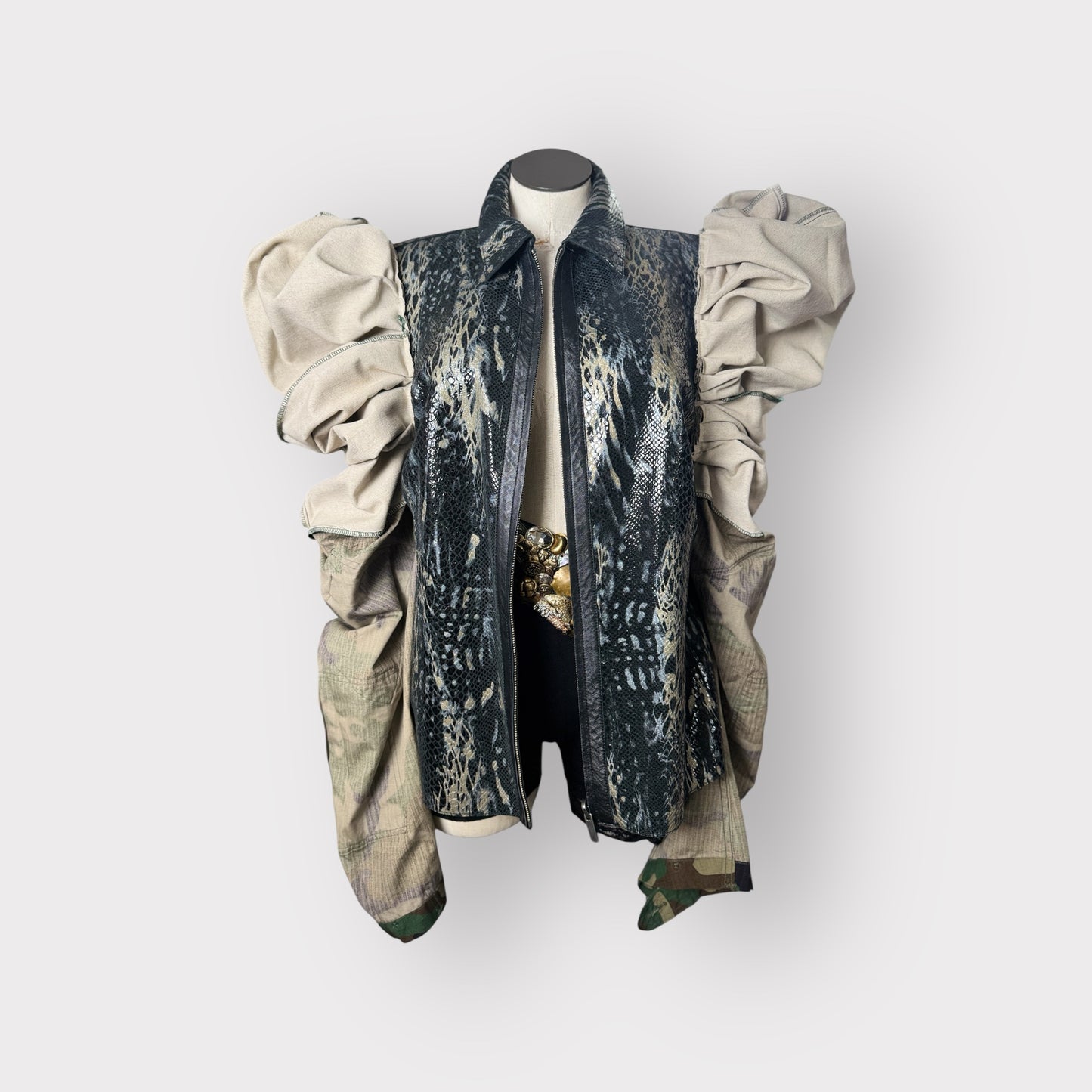 Double Take Leather Puff Sleeve Camo Jacket