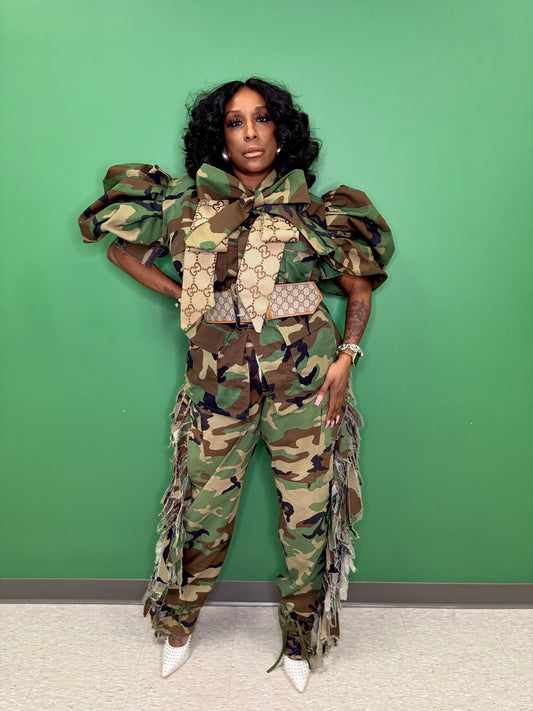 (Made to order) Camo Double Power Bow Puff Sleeve Shacket