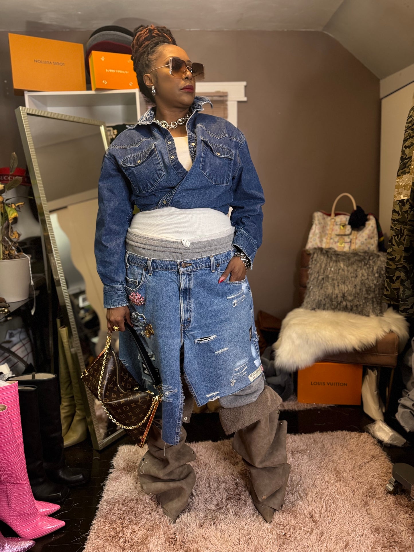 Street Style Joggers with Denim Over Skirt