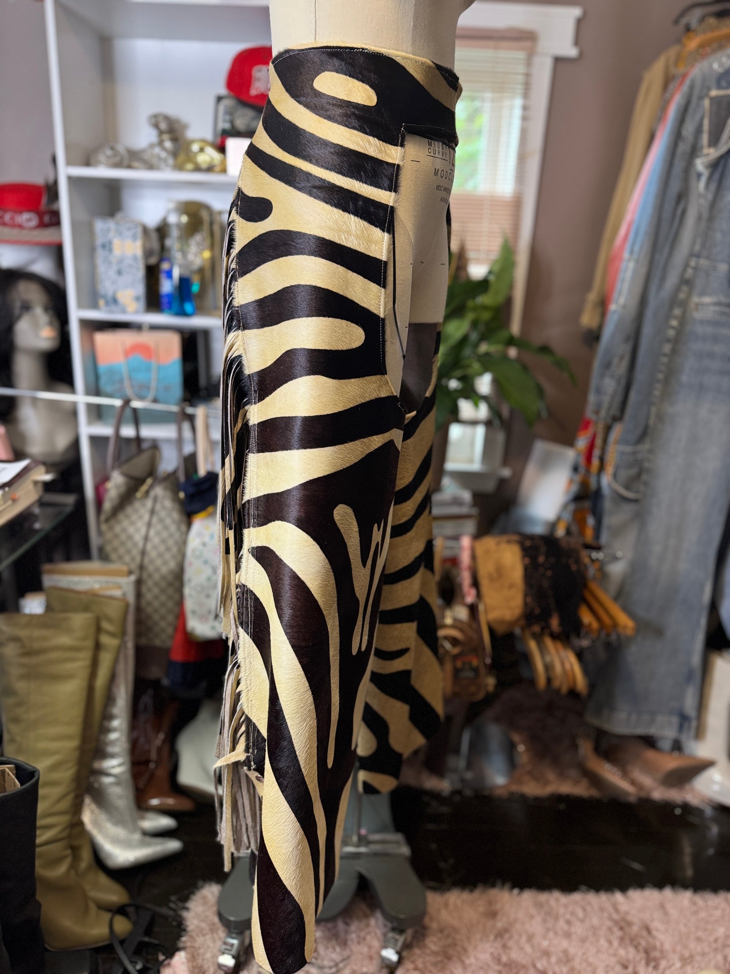 Custom Cowgirl Couture Zebra Cowhide Chaps with Exaggerated Fringe