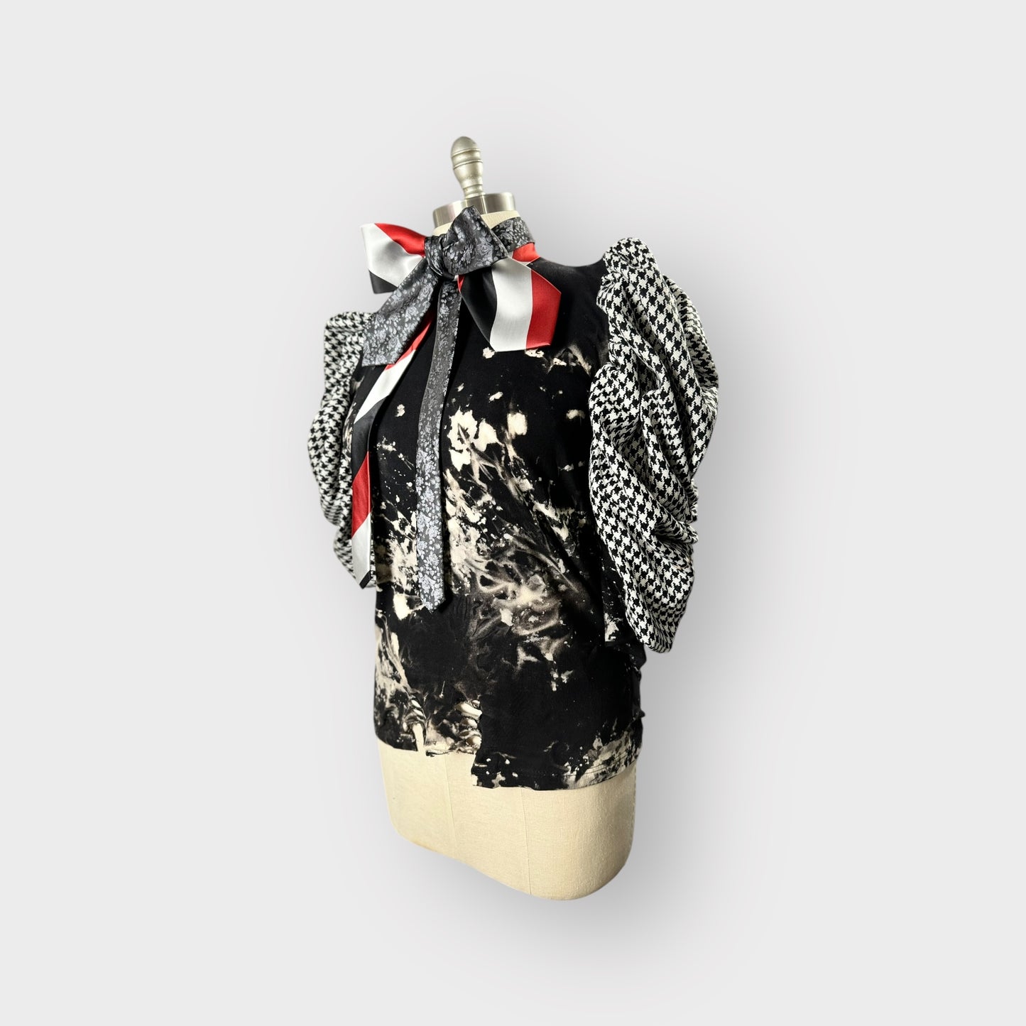 Distressed Houndstooth Couture Sleeve Tee with Ribbon Tie
