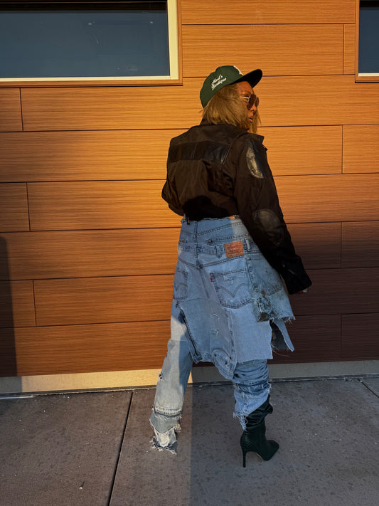 Distressed Denim Over Skirt Jeans