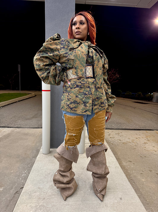 Digital Camo Shacket with Ribbon Collar n Bishop Sleeves