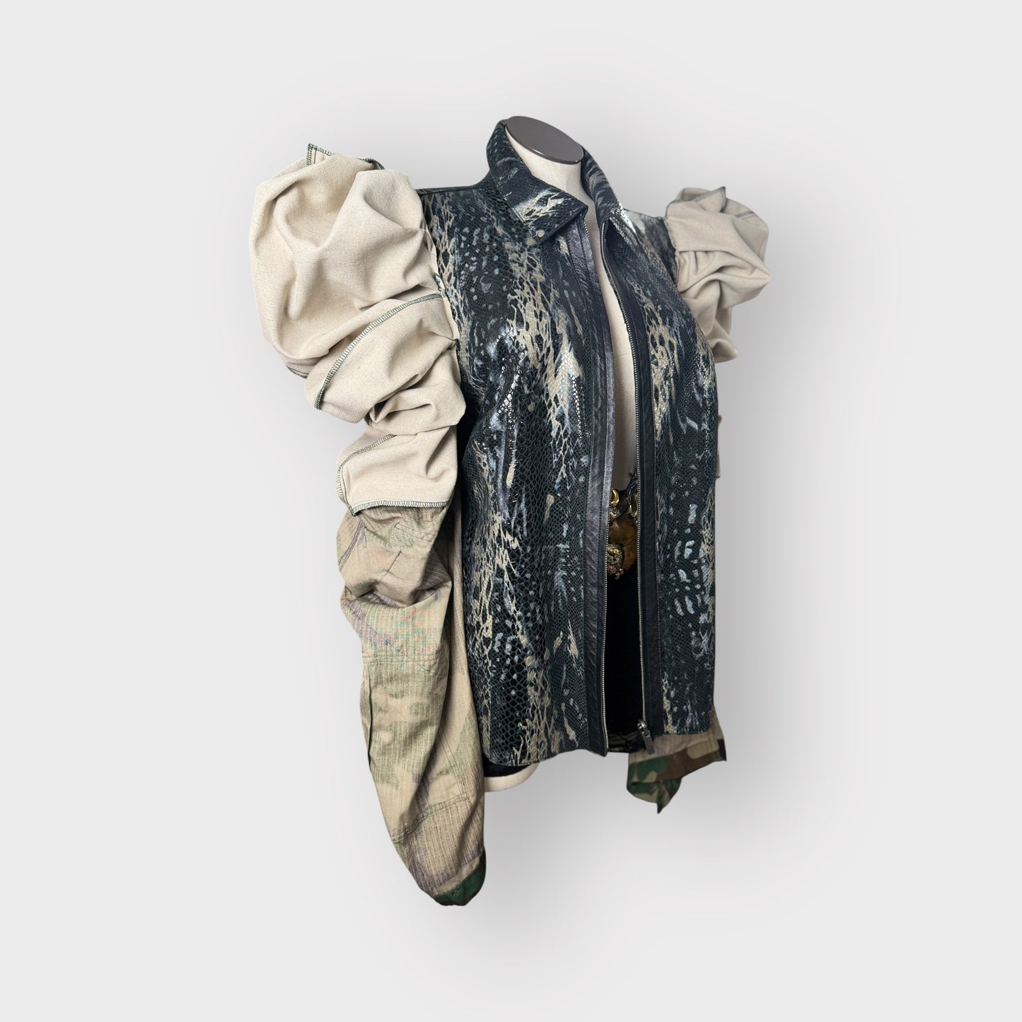 Double Take Leather Puff Sleeve Camo Jacket
