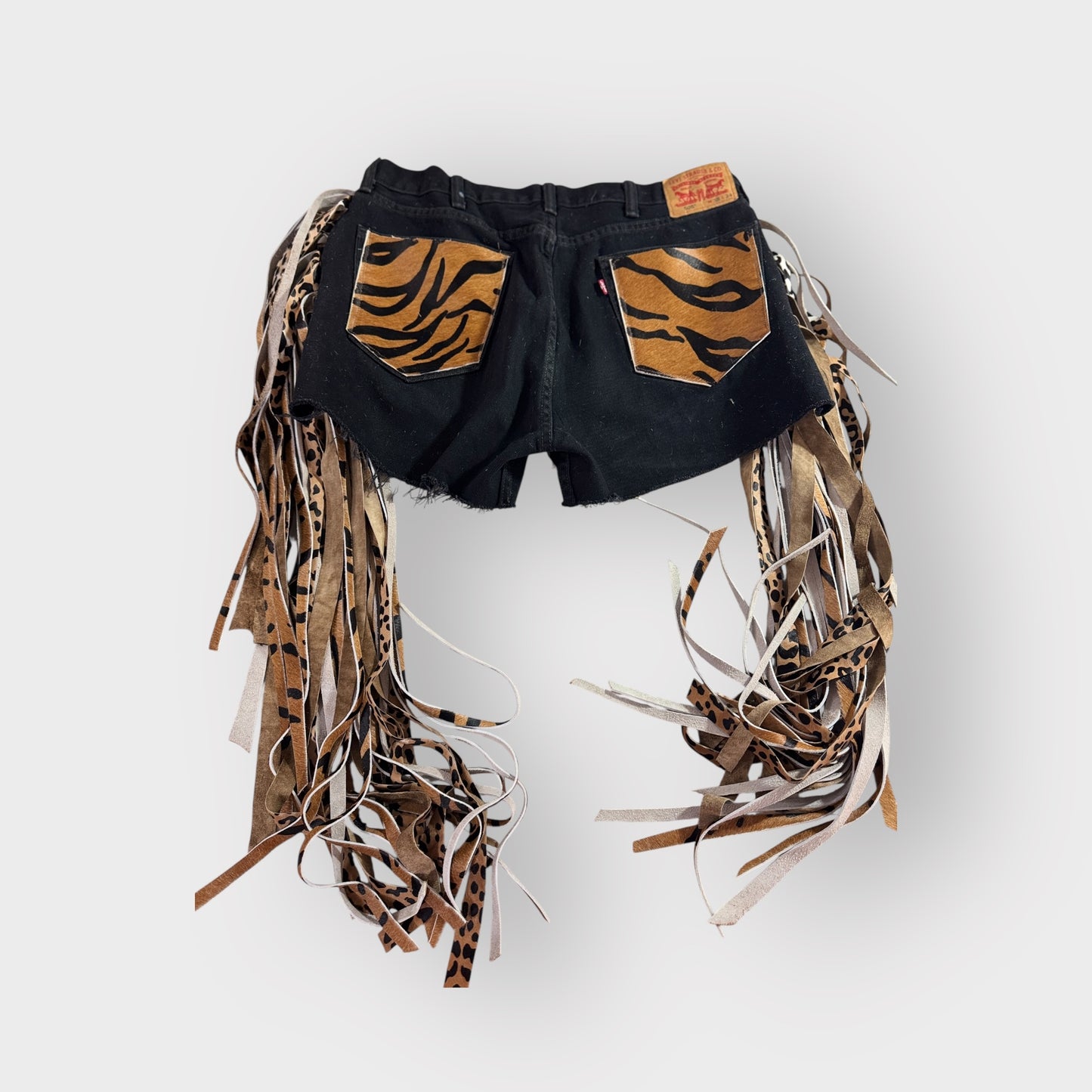 Cowgirl Couture Denim n Bangle Tiger Leather Fringe Shorts