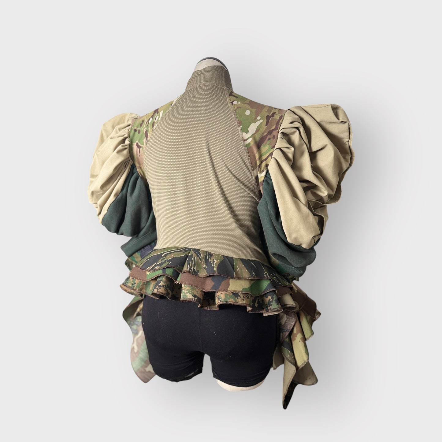 Multi Camo Puff Sleeve Peplum with Cascading Ruffles