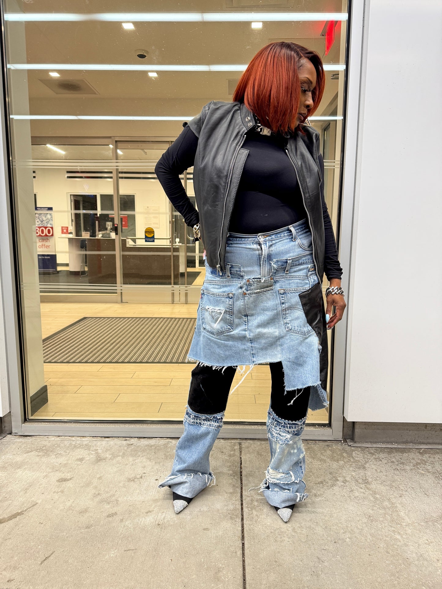 Double Denim Layover Patchwork Jeans