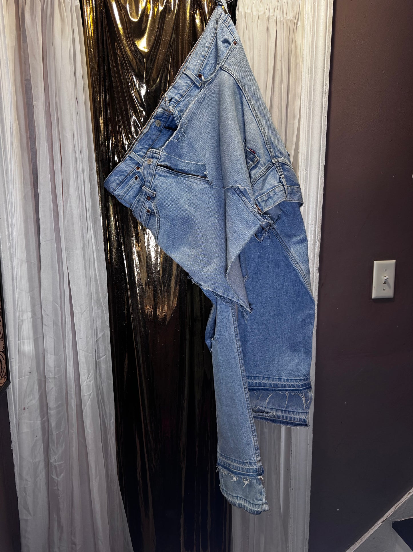 Distressed Denim Apron Style Overlay Jeans