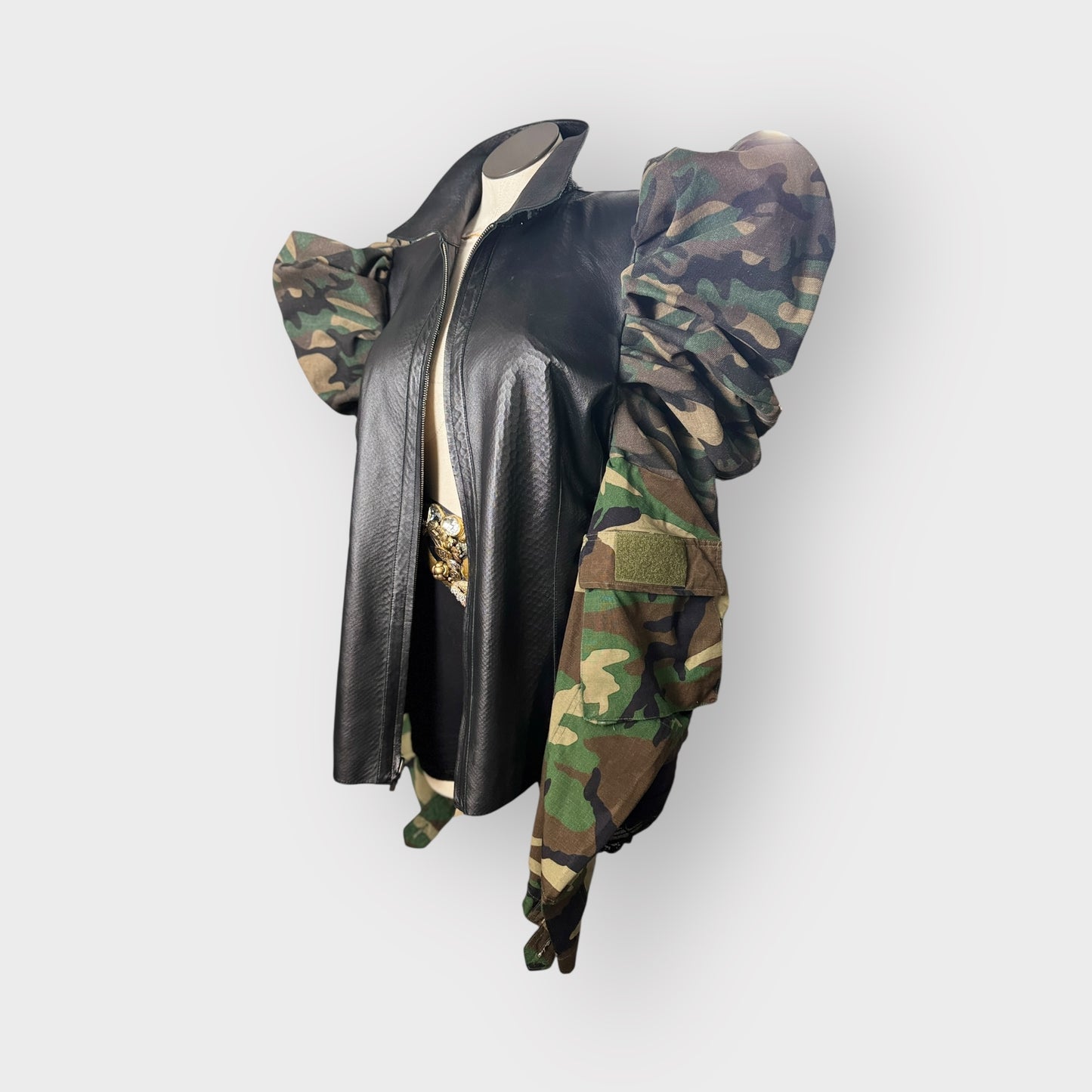 Double Take Leather Puff Sleeve Camo Jacket
