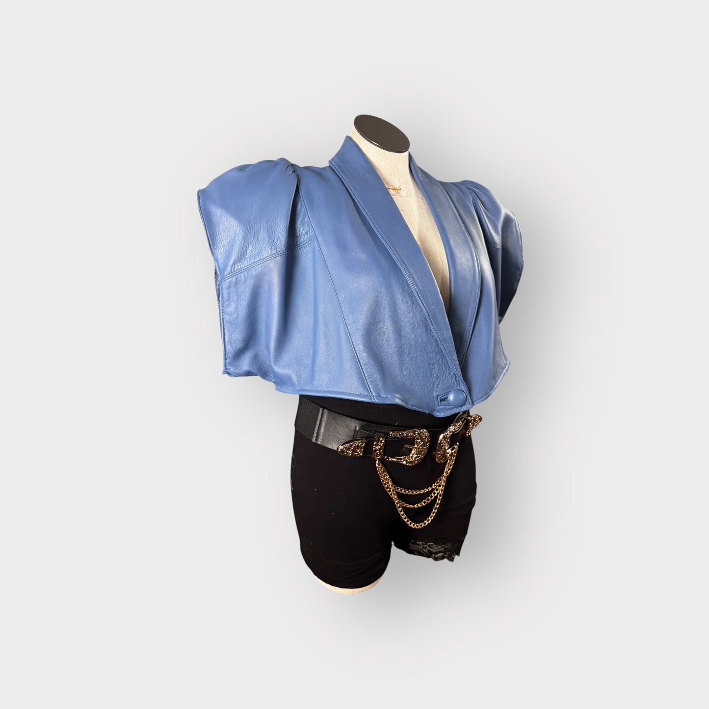 Blue power shoulder leather cropped jacket