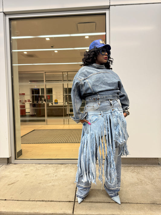 Two Toned Double Denim Fringe Layover Carpenter Jeans