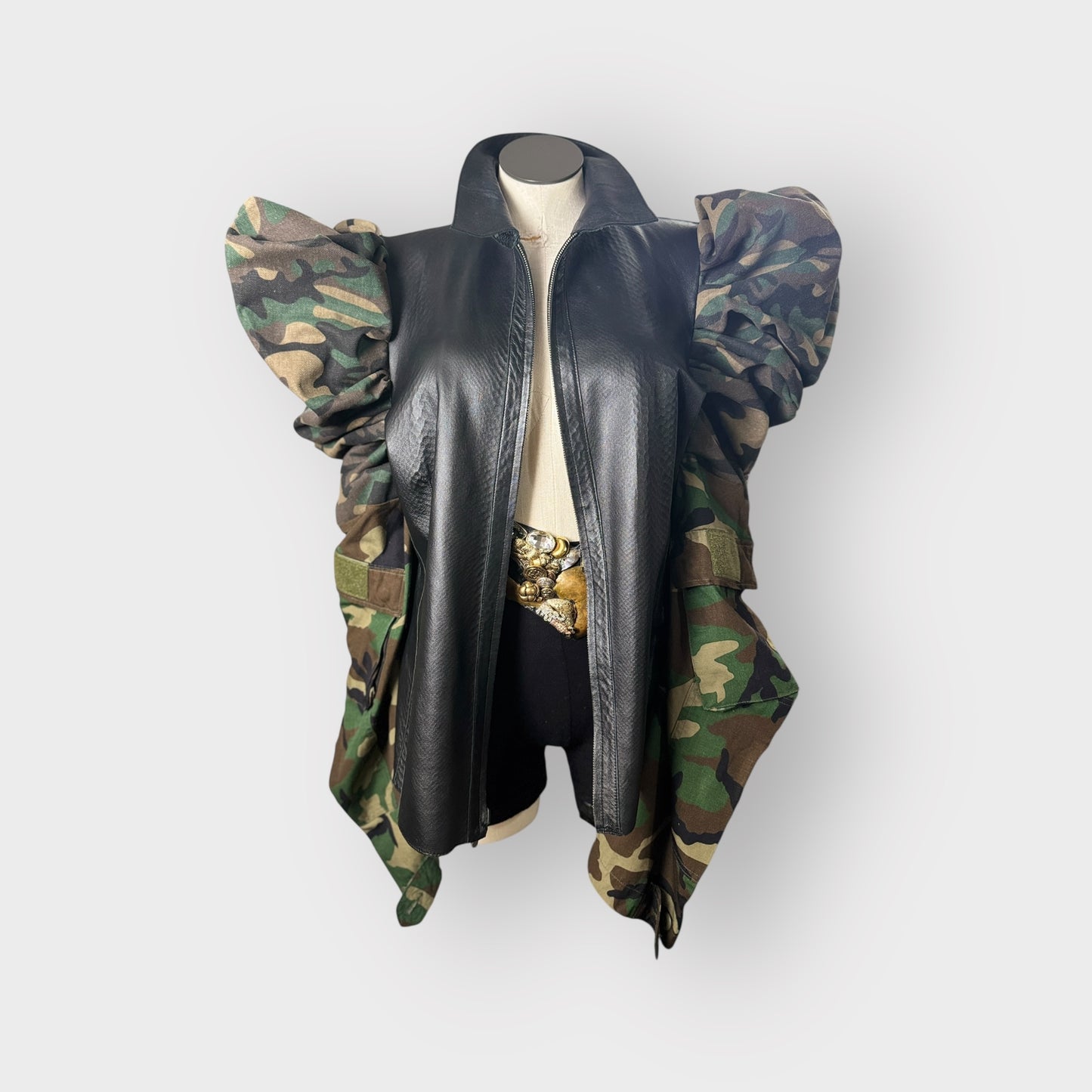 Double Take Leather Puff Sleeve Camo Jacket