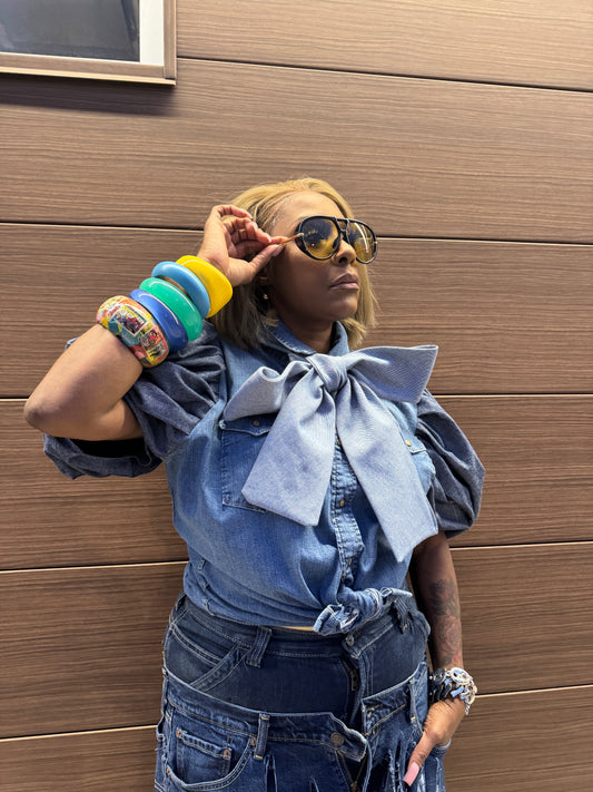 Two Toned Denim Power Bow Puff Sleeve Top