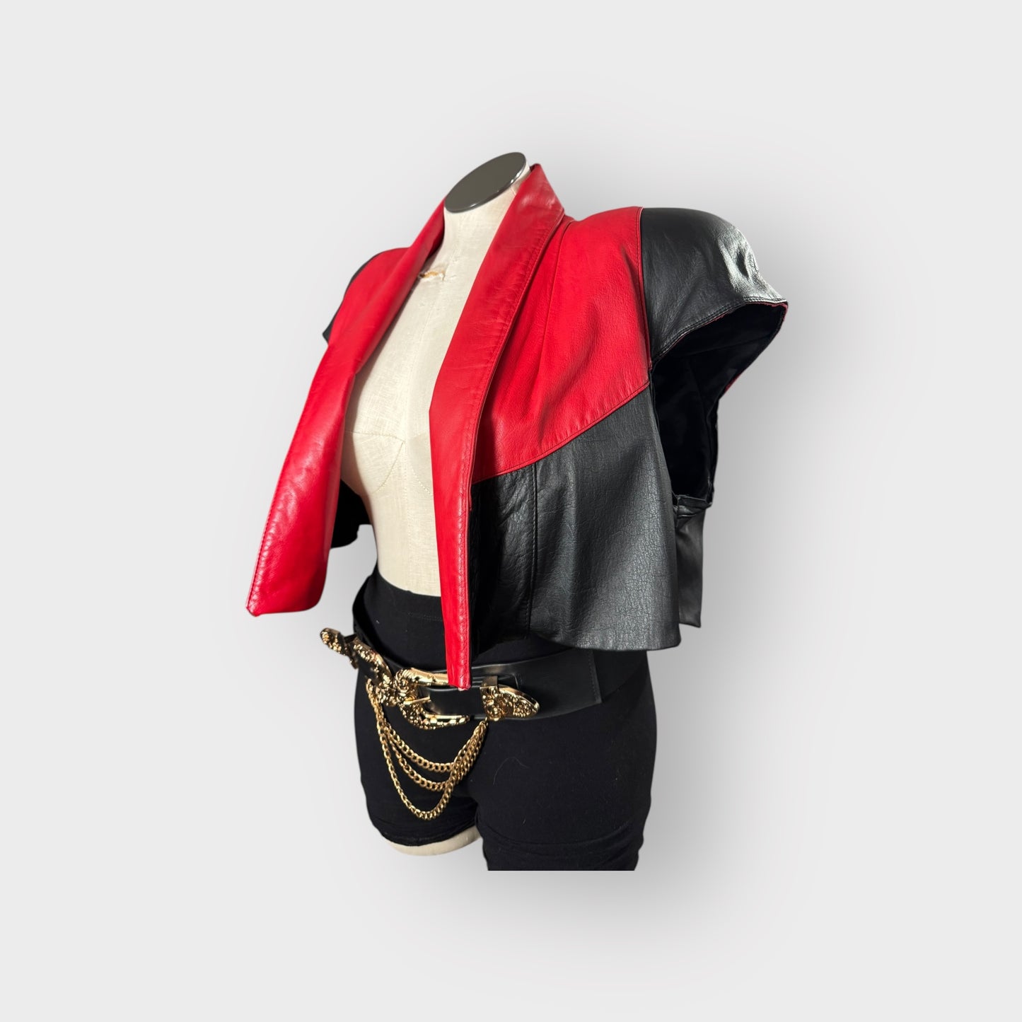 Color Block Power Shoulder Leather Crop Jacket