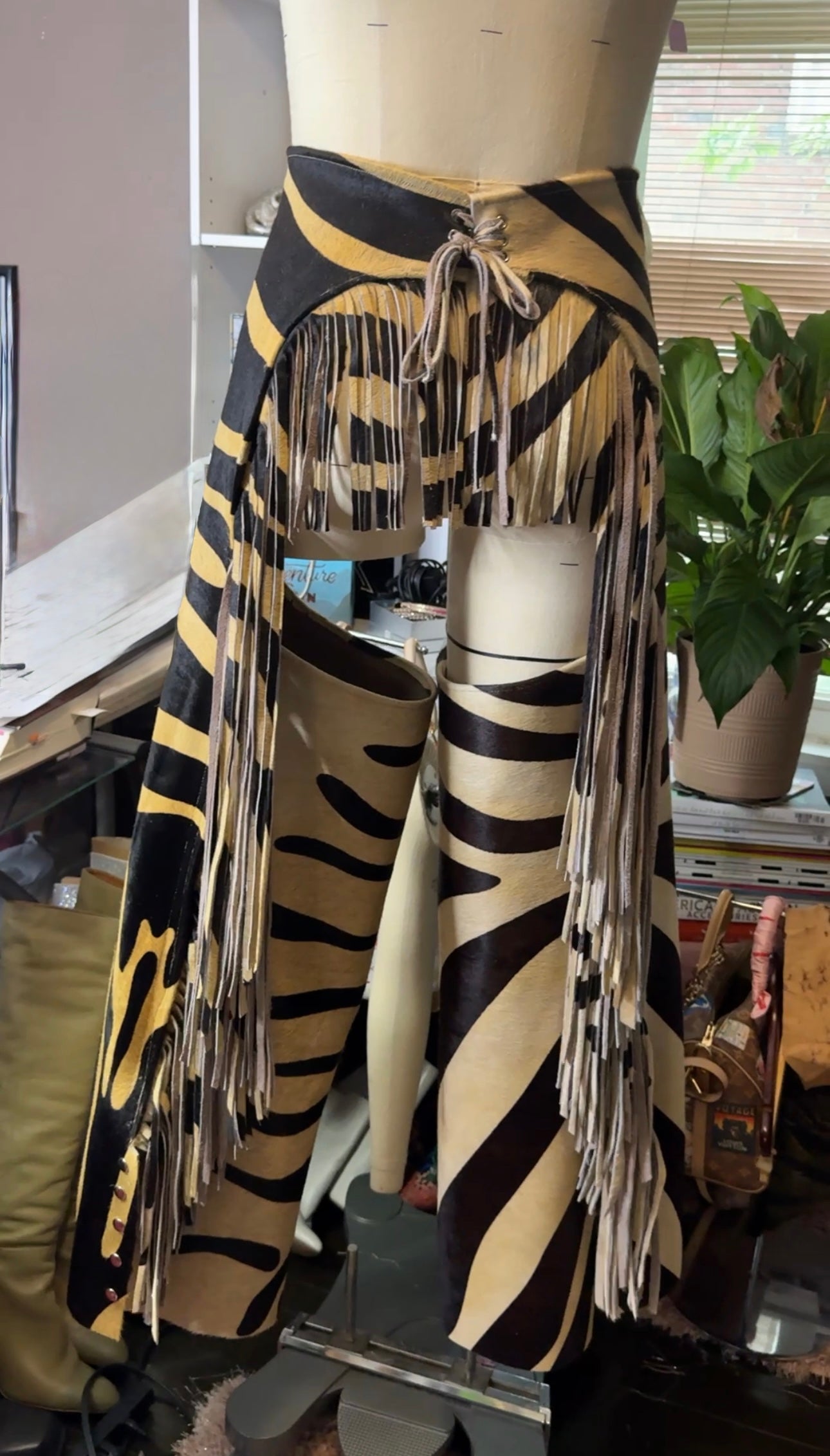 Custom Cowgirl Couture Zebra Cowhide Chaps with Exaggerated Fringe
