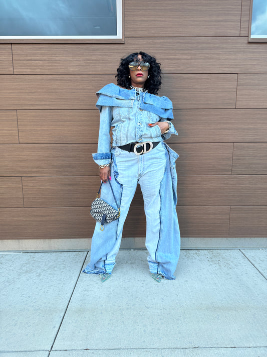 Double Denim Chap Style Wide Leg Jeans