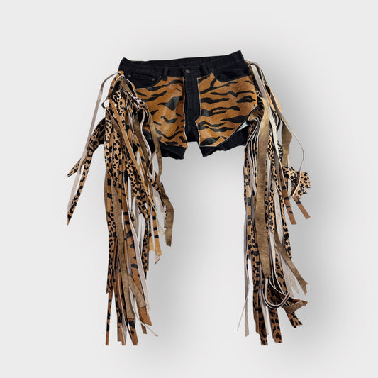 Cowgirl Couture Denim n Bangle Tiger Leather Fringe Shorts