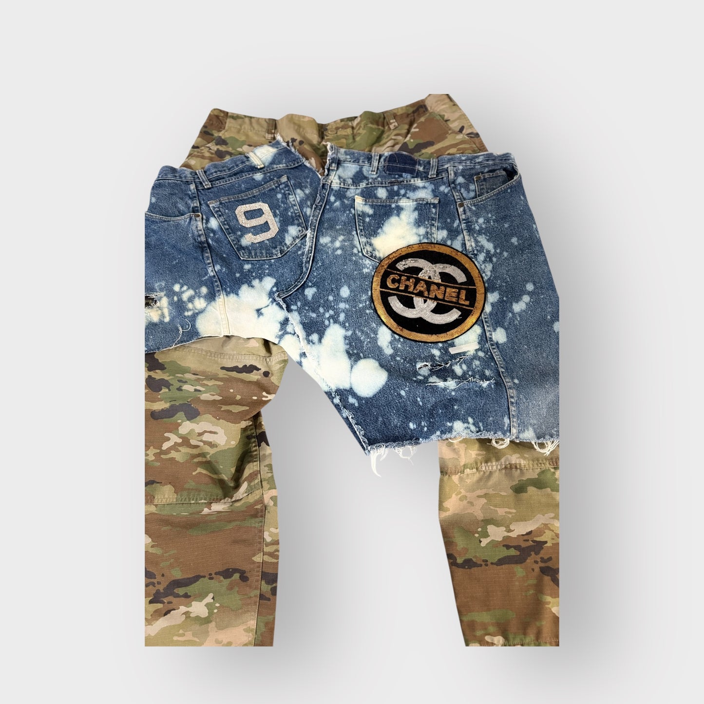 Distressed Denim Layover Camo Cargos