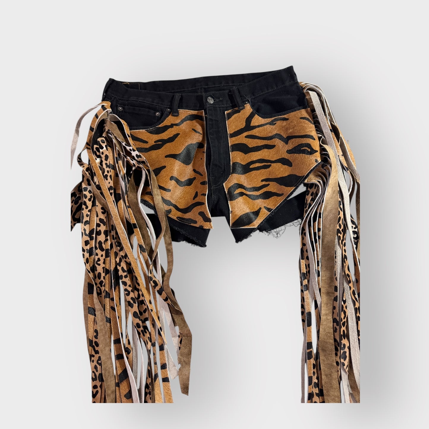 Cowgirl Couture Denim n Bangle Tiger Leather Fringe Shorts