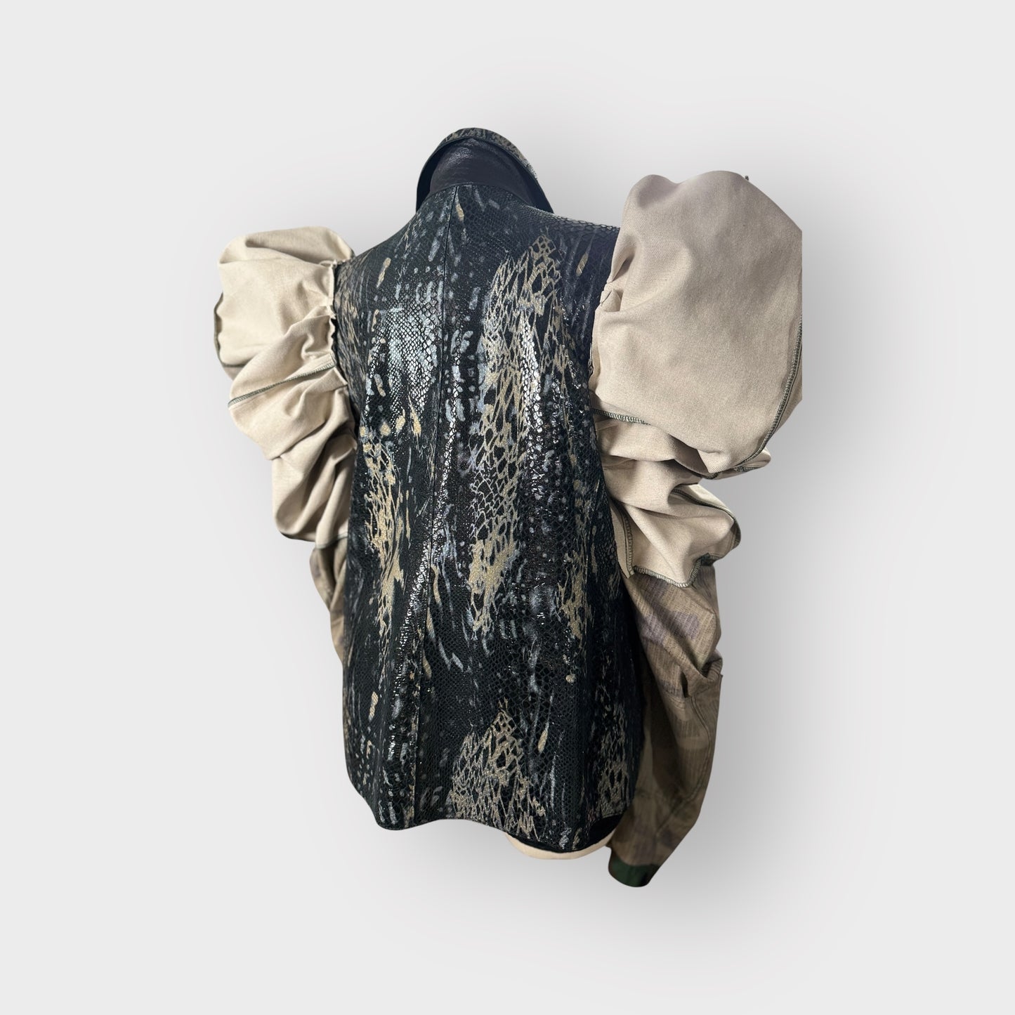 Double Take Leather Puff Sleeve Camo Jacket