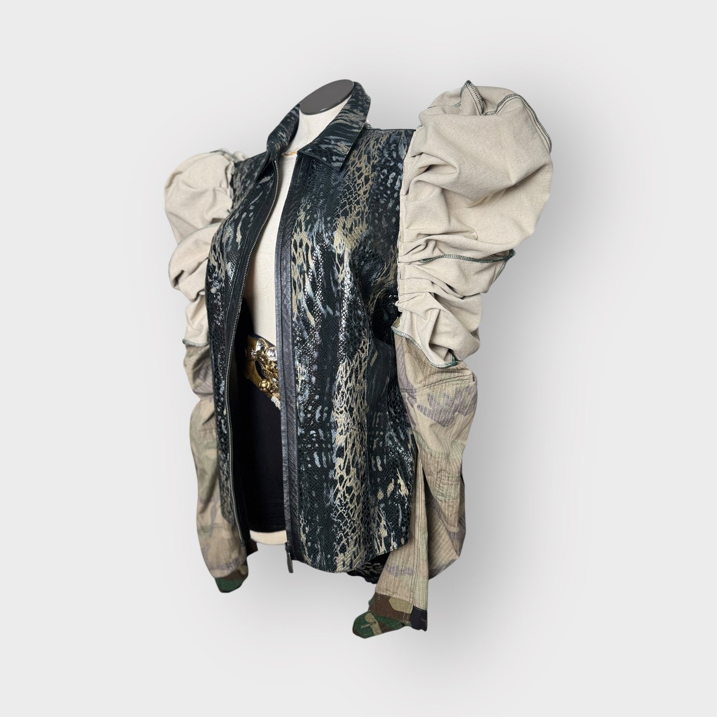 Double Take Leather Puff Sleeve Camo Jacket