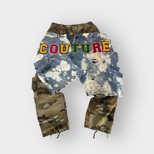 Distressed Denim Couture Overlay Camo Cargos