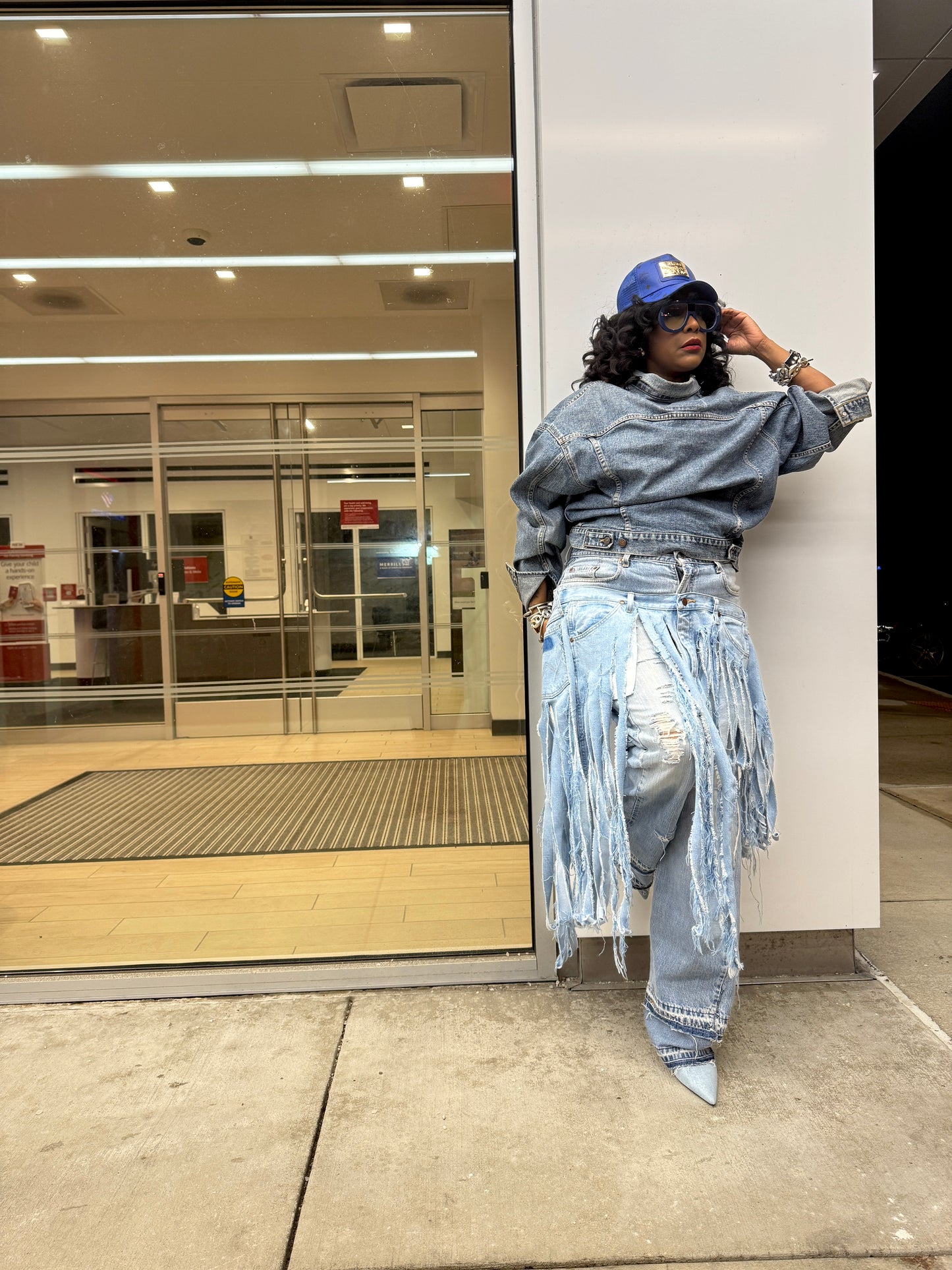 Double Denim Fringe Over Skirt Jeans