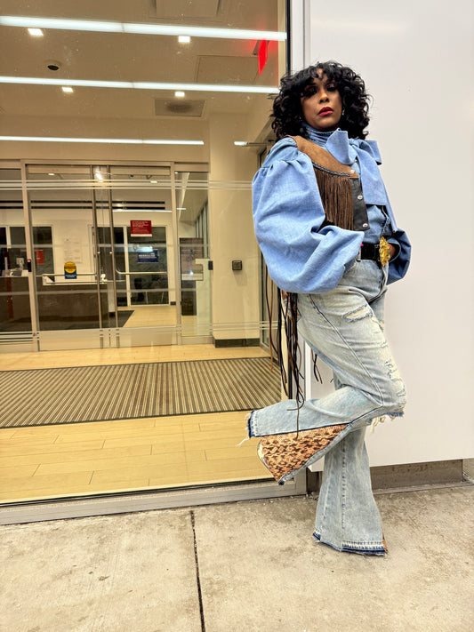 Custom Denim P Bow Western Style Top