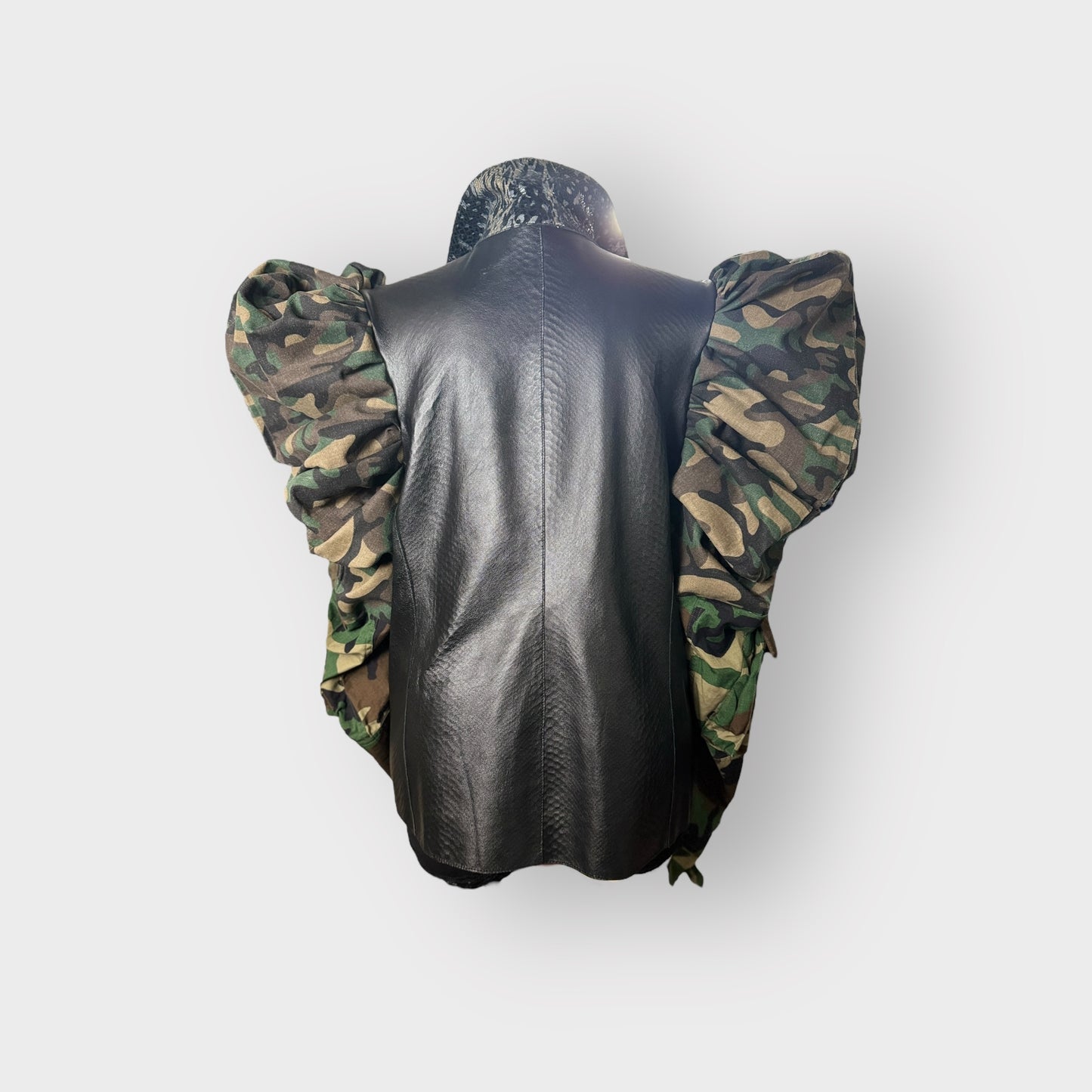 Double Take Leather Puff Sleeve Camo Jacket