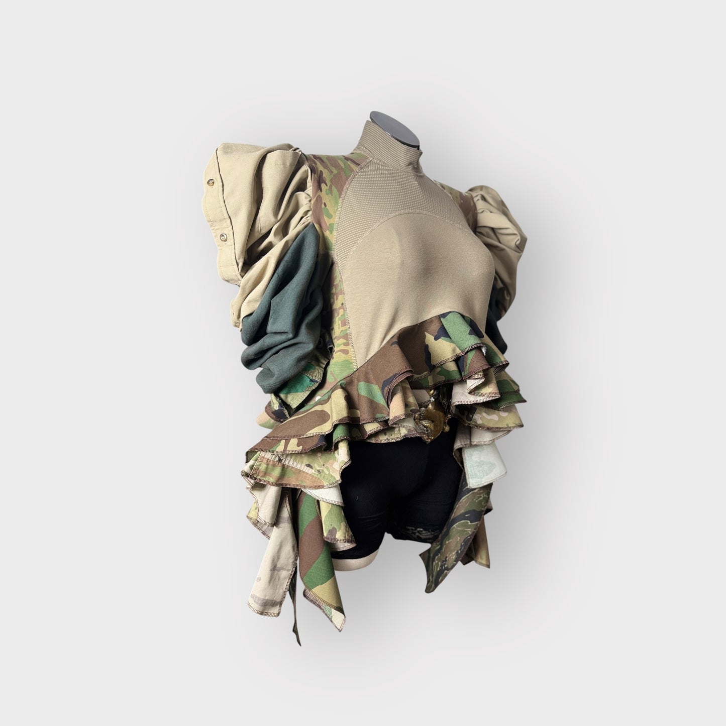 Multi Camo Puff Sleeve Peplum with Cascading Ruffles
