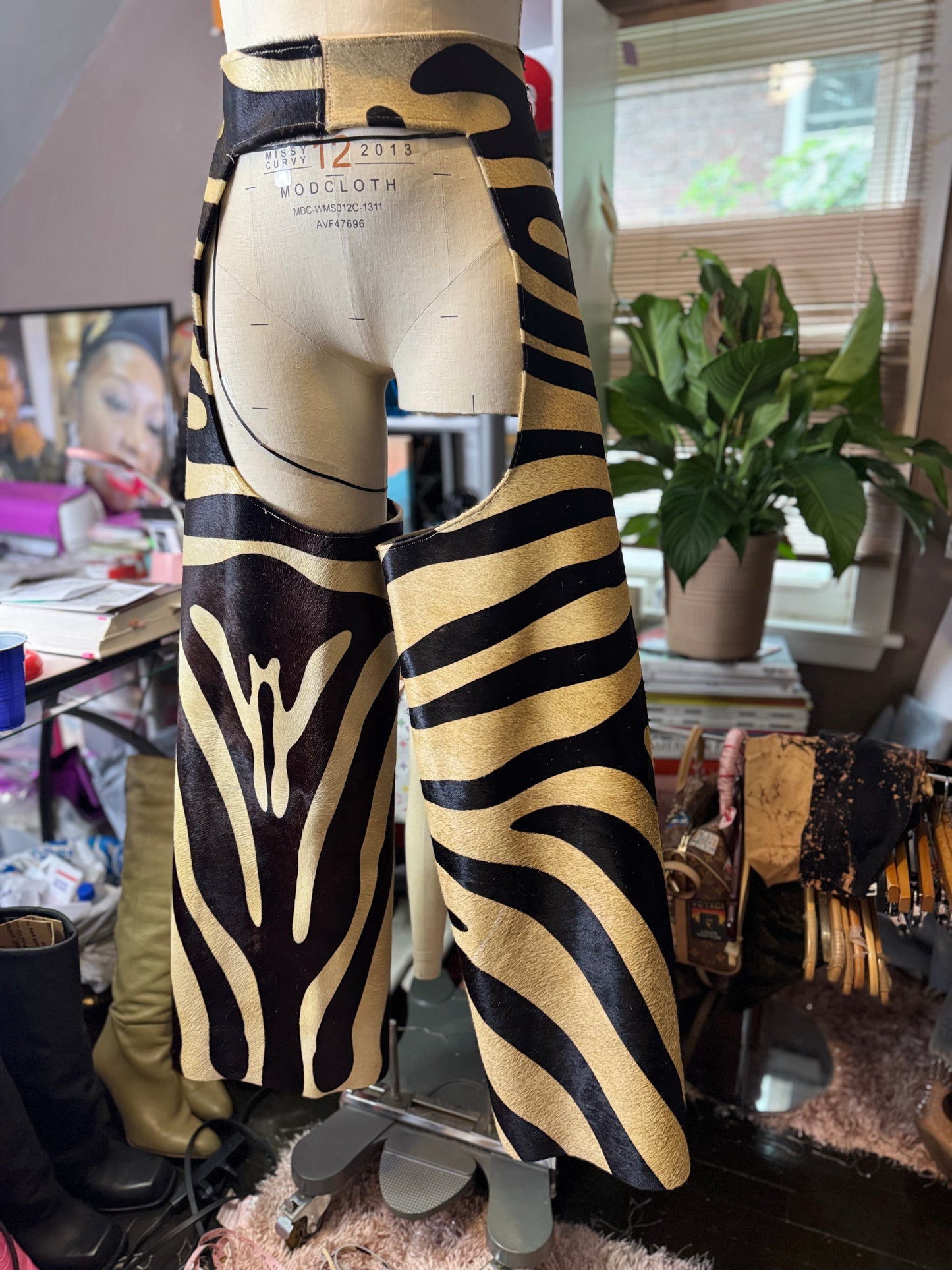 Custom Cowgirl Couture Zebra Cowhide Chaps with Exaggerated Fringe
