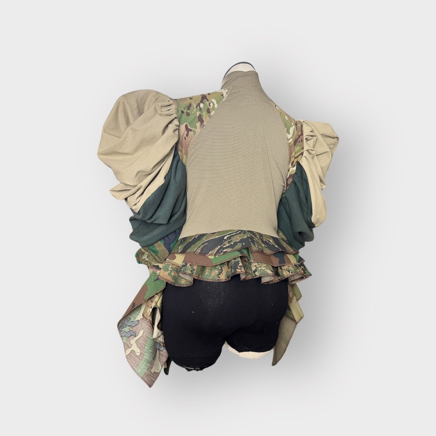 Multi Camo Puff Sleeve Peplum with Cascading Ruffles