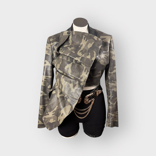 Asymmetrical Ruffle Style Cropped Camo Blazer