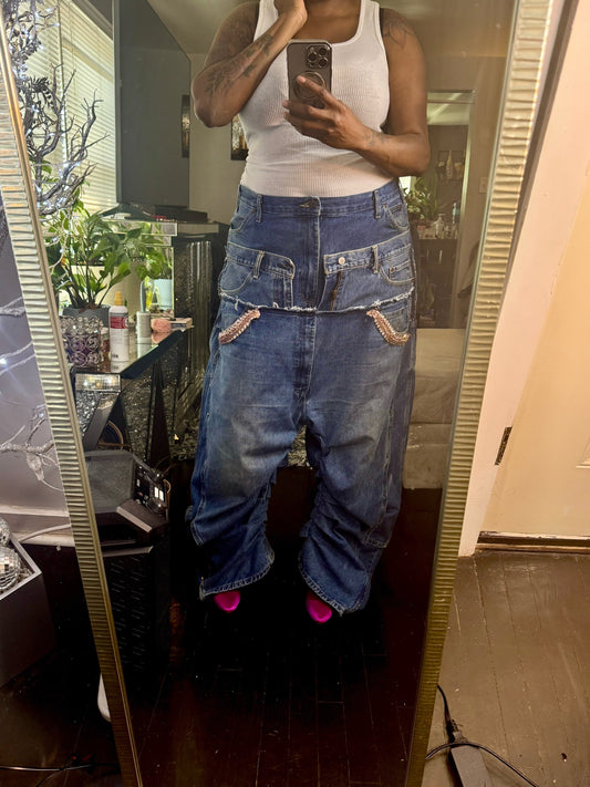 Triple Denim Baggy Cowgirl Couture Drop Crotch Denim Wide Leg Jeans