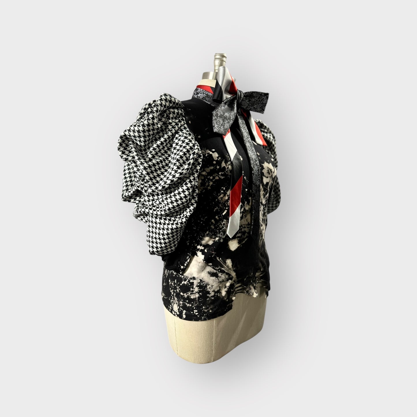 Distressed Houndstooth Couture Sleeve Tee with Ribbon Tie
