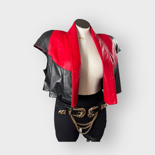 Color Block Power Shoulder Leather Crop Jacket