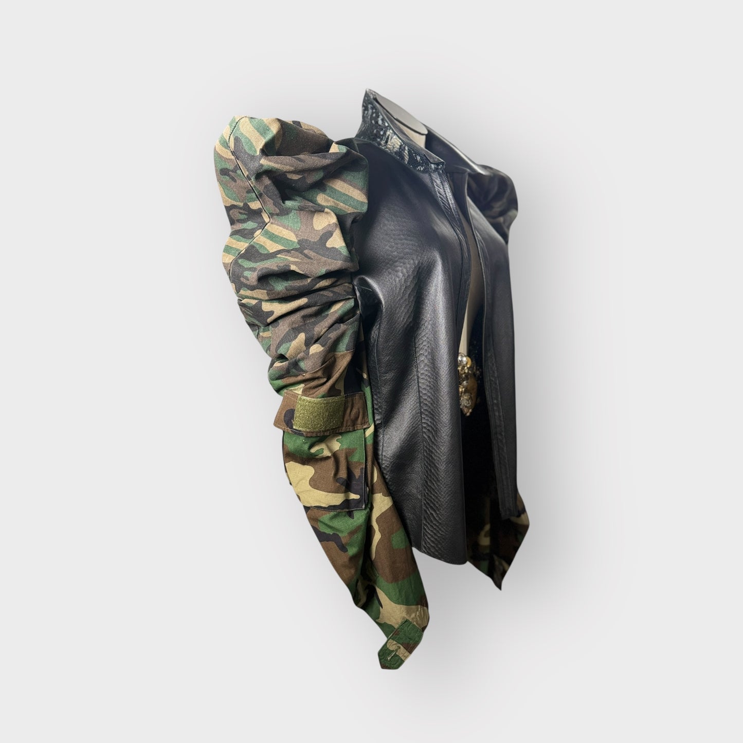 Double Take Leather Puff Sleeve Camo Jacket