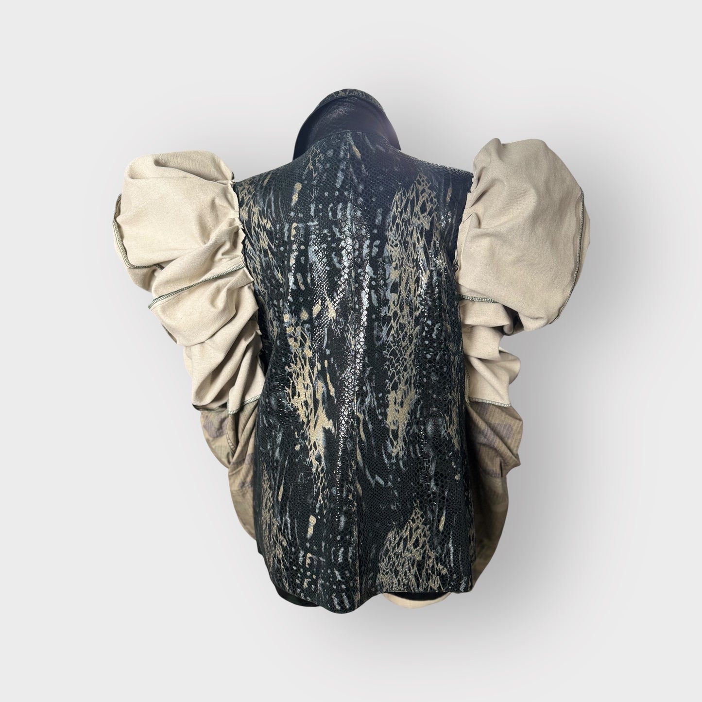 Double Take Leather Puff Sleeve Camo Jacket