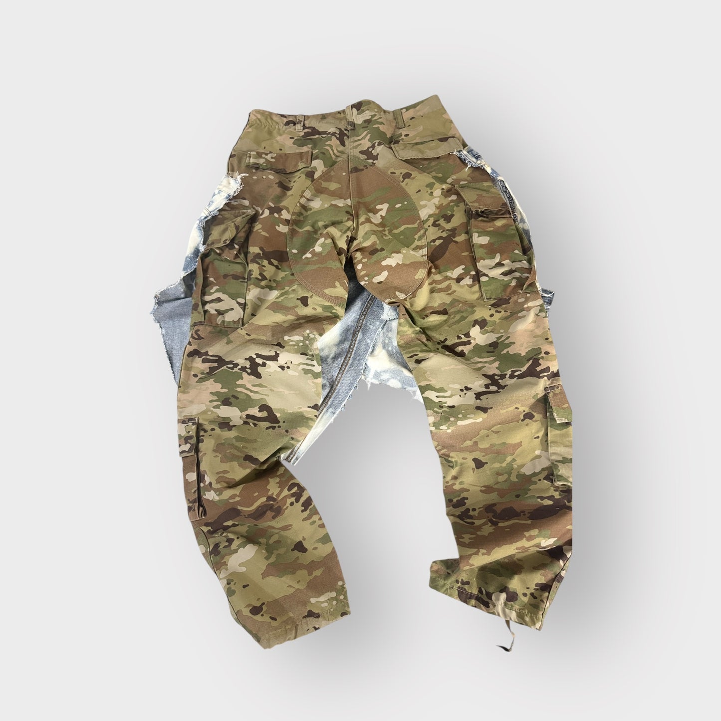 Distressed Denim Couture Overlay Camo Cargos