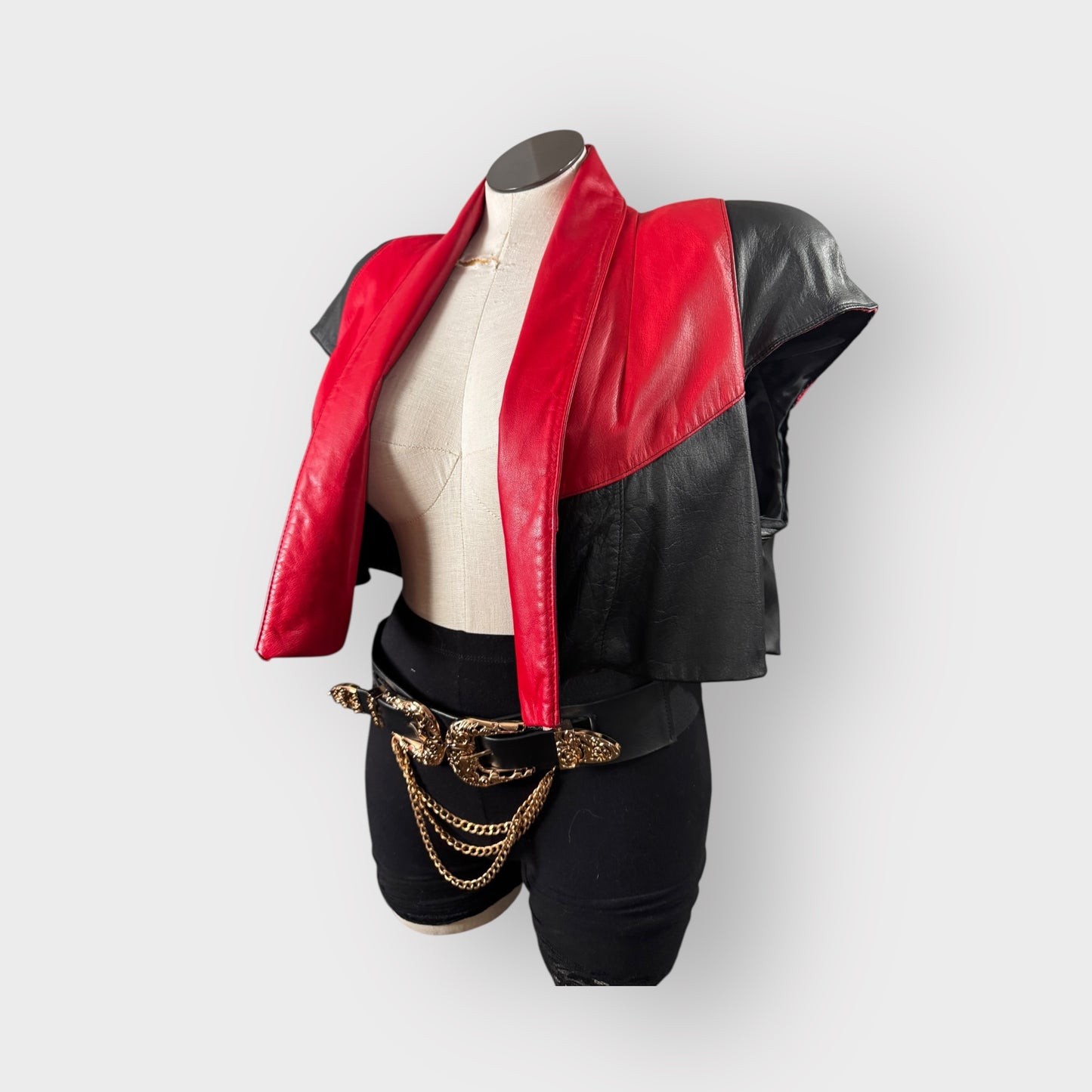 Color Block Power Shoulder Leather Crop Jacket