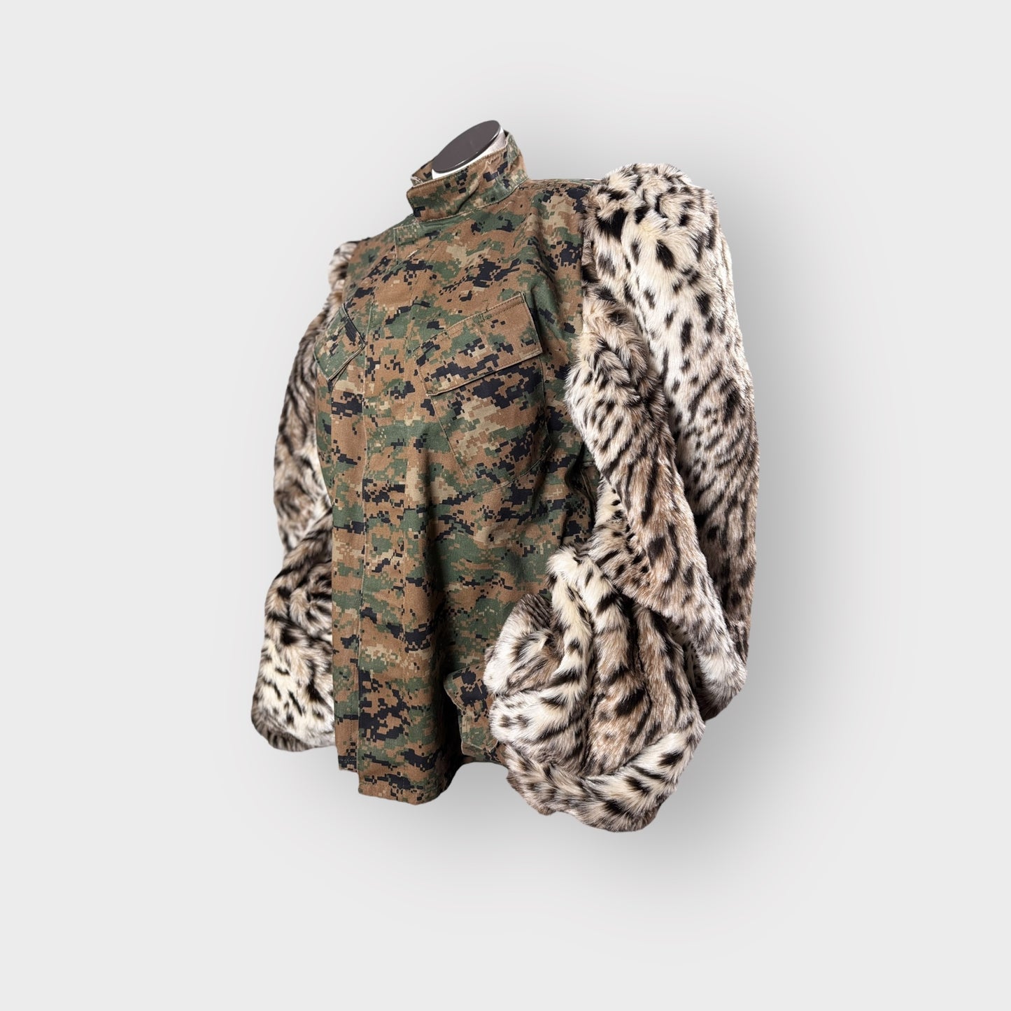 Custom Camo n Snow Leopard Faux Fur Bishop Sleeve Shacket