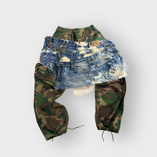 Distressed Denim n Camo Overlay Cargo Joggers