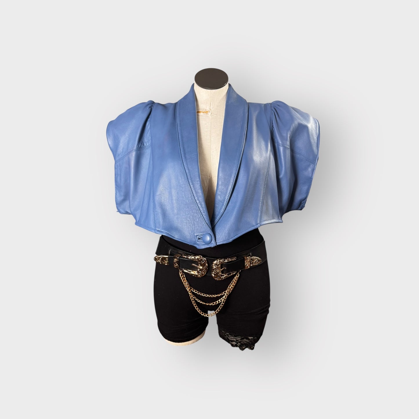 Blue power shoulder leather cropped jacket