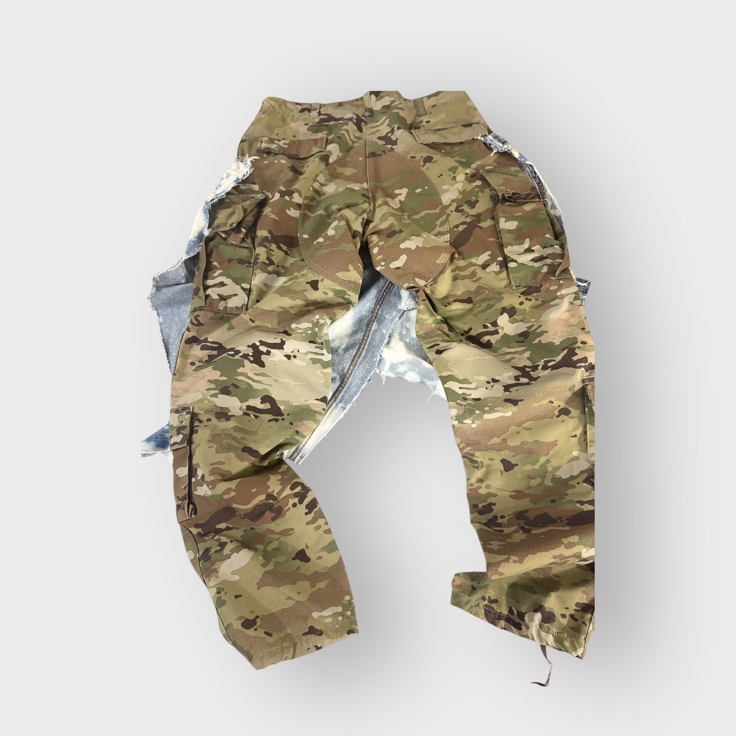Distressed Denim Couture Overlay Camo Cargos