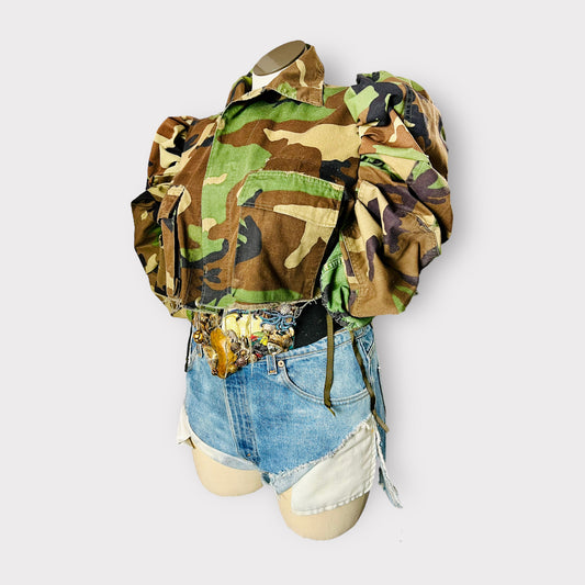 (Made to order) Cropped Backless Puff Sleeve Camo