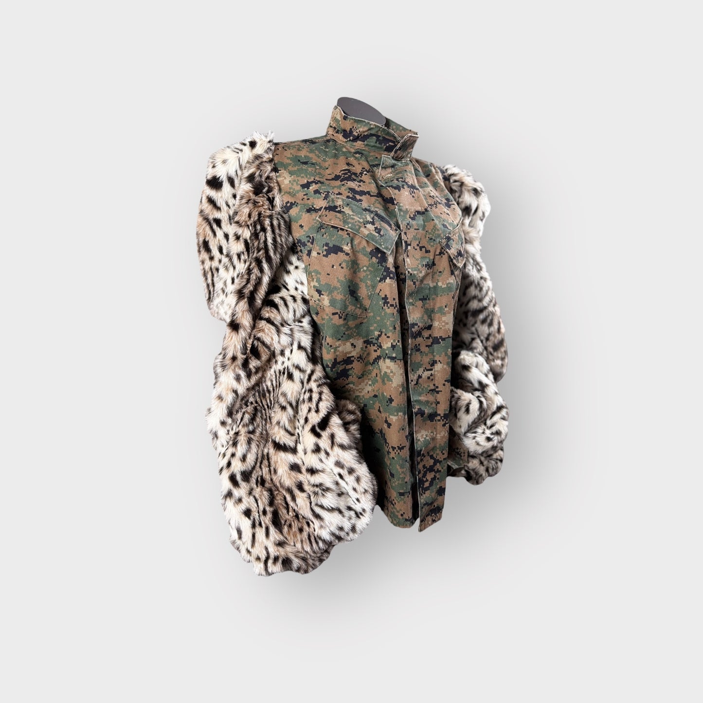 Custom Camo n Snow Leopard Faux Fur Bishop Sleeve Shacket