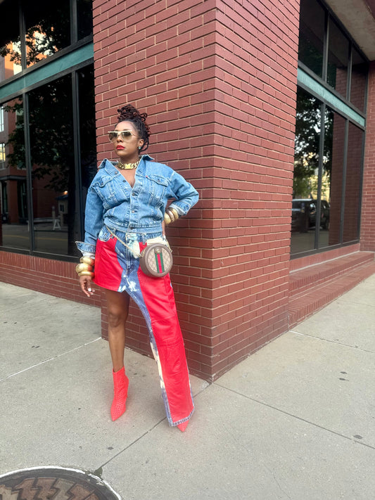 Distressed Asymmetric Denim Maxi Skirt w Front Leather Panels