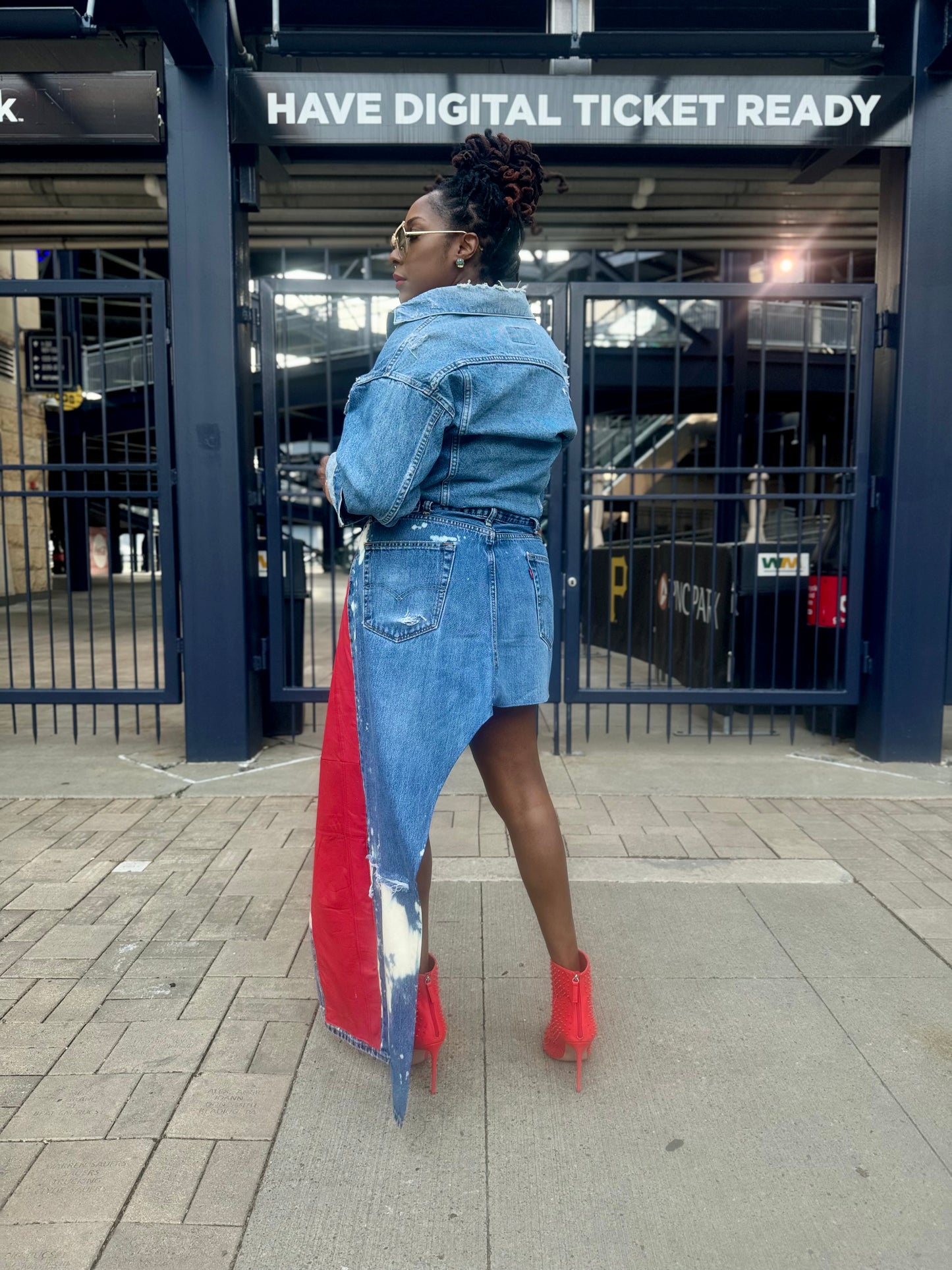 Distressed Asymmetric Denim Maxi Skirt w Front Leather Panels