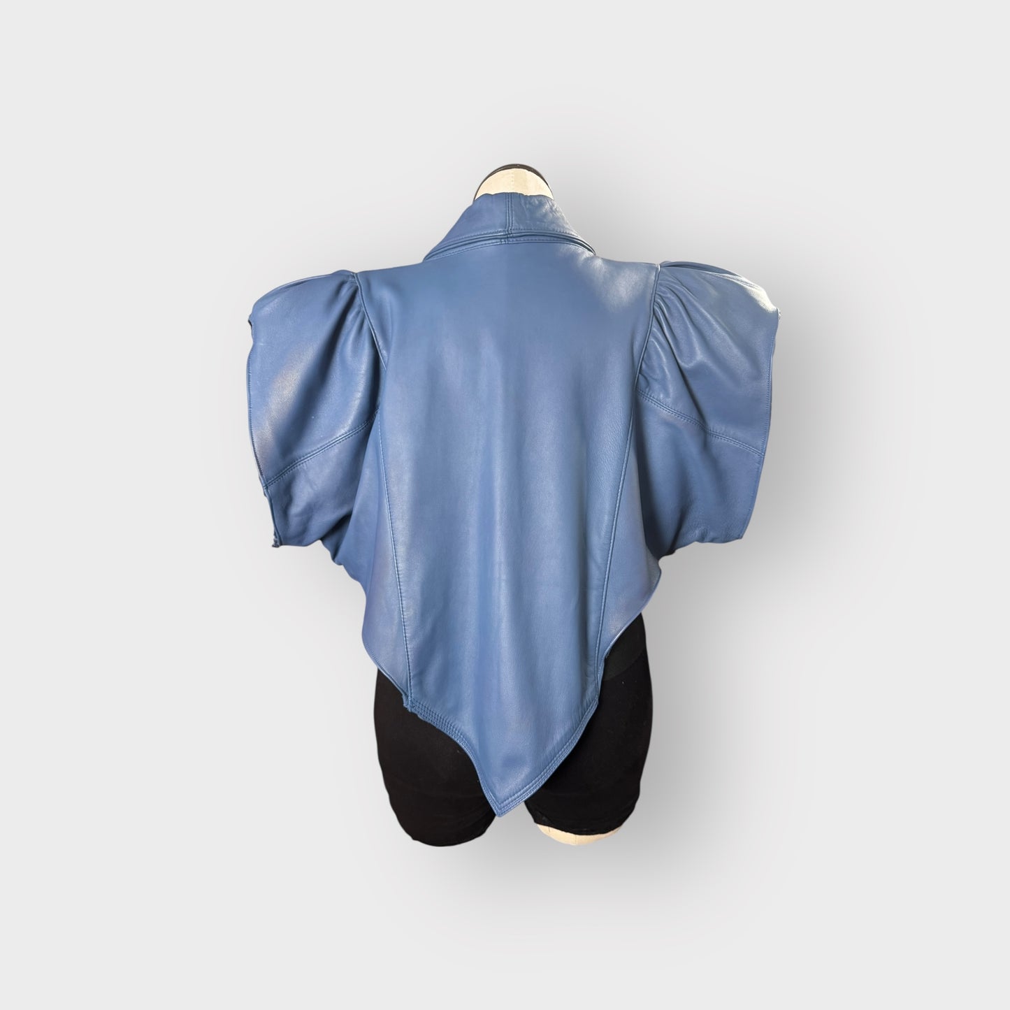 Blue power shoulder leather cropped jacket